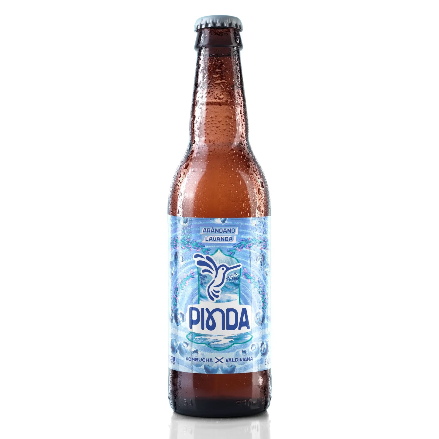 Botella de kombucha Pinda Arándano Lavanda, bebida fermentada con frutos silvestres y flores, perfil suave y floral, ideal para momentos de relajación, hecha con ingredientes naturales en Valdivia