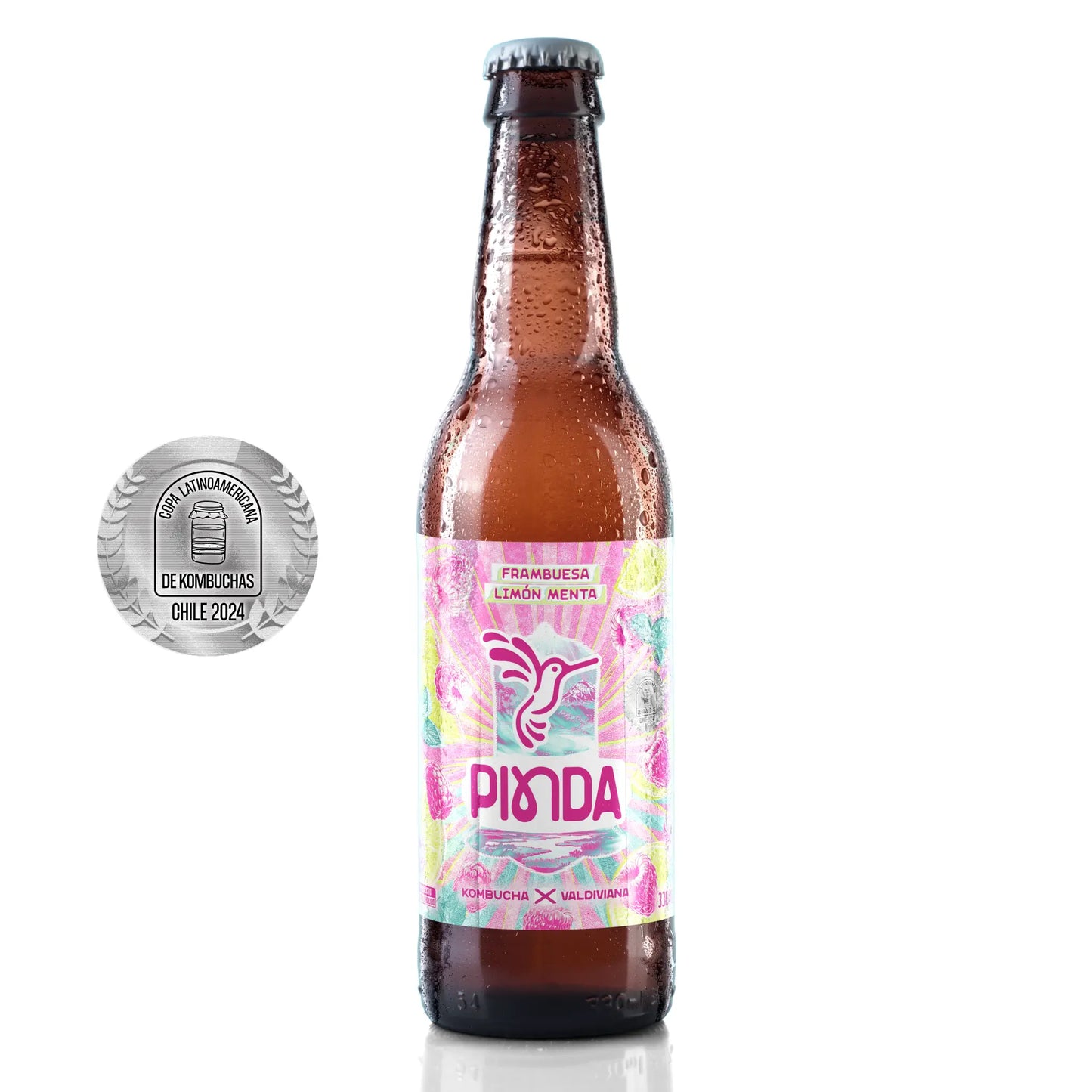 Botella de kombucha Pinda Frambuesa Limón Menta, bebida refrescante y frutal con ingredientes naturales, perfil ácido-dulce con notas cítricas y mentoladas, fermentada artesanalmente en el sur de Chile