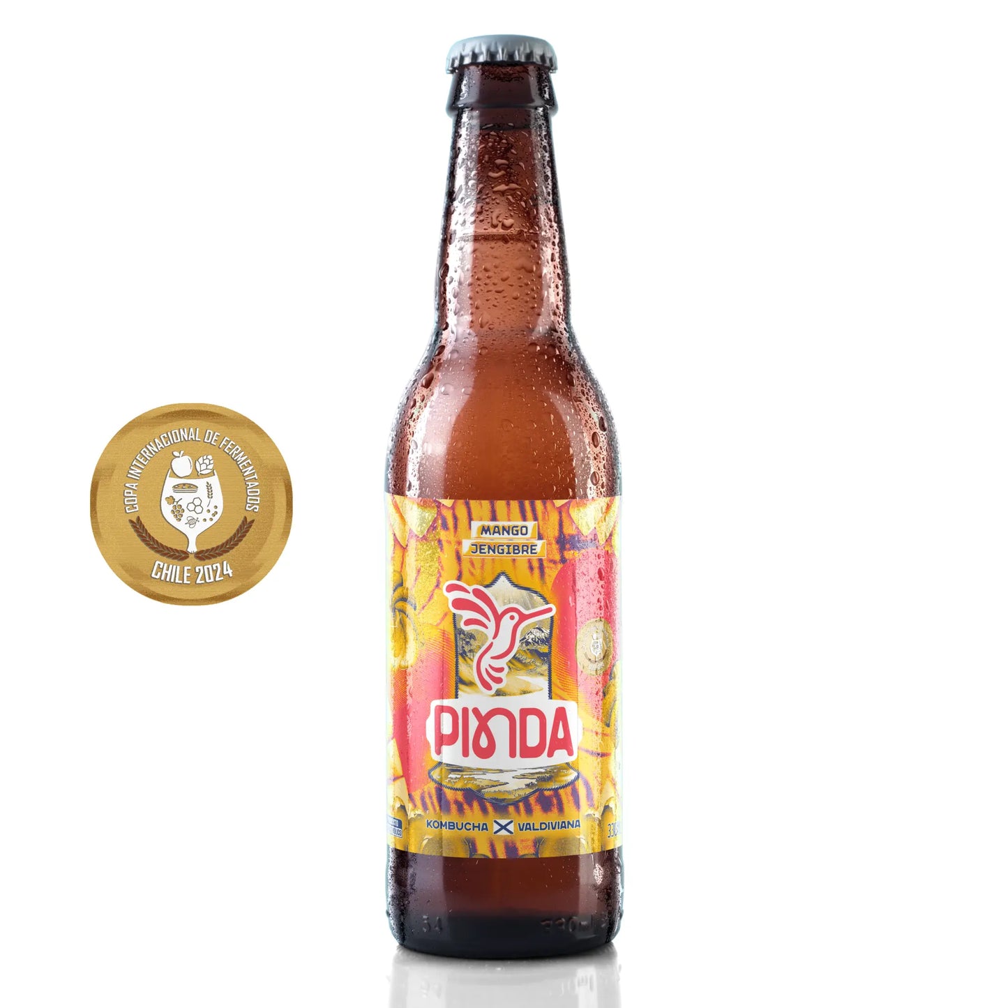 Botella de kombucha Pinda Mango Jengibre, bebida artesanal con mango dulce y jengibre picante, ideal para cócteles creativos o refresco diario, fermentada en Valdivia