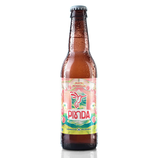 Botella de kombucha Pinda Murta Membrillo, bebida artesanal con frutas recolectadas a mano en el sur de Chile, sabor tradicional y refrescante inspirado en conservas sureñas
