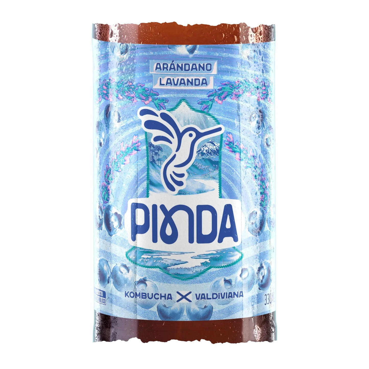 Etiqueta de Pinda Arándano Lavanda, kombucha artesanal con lavanda y arándano, fusiona lo botánico y frutal para una experiencia sensorial relajante, fermentada sin aditivos