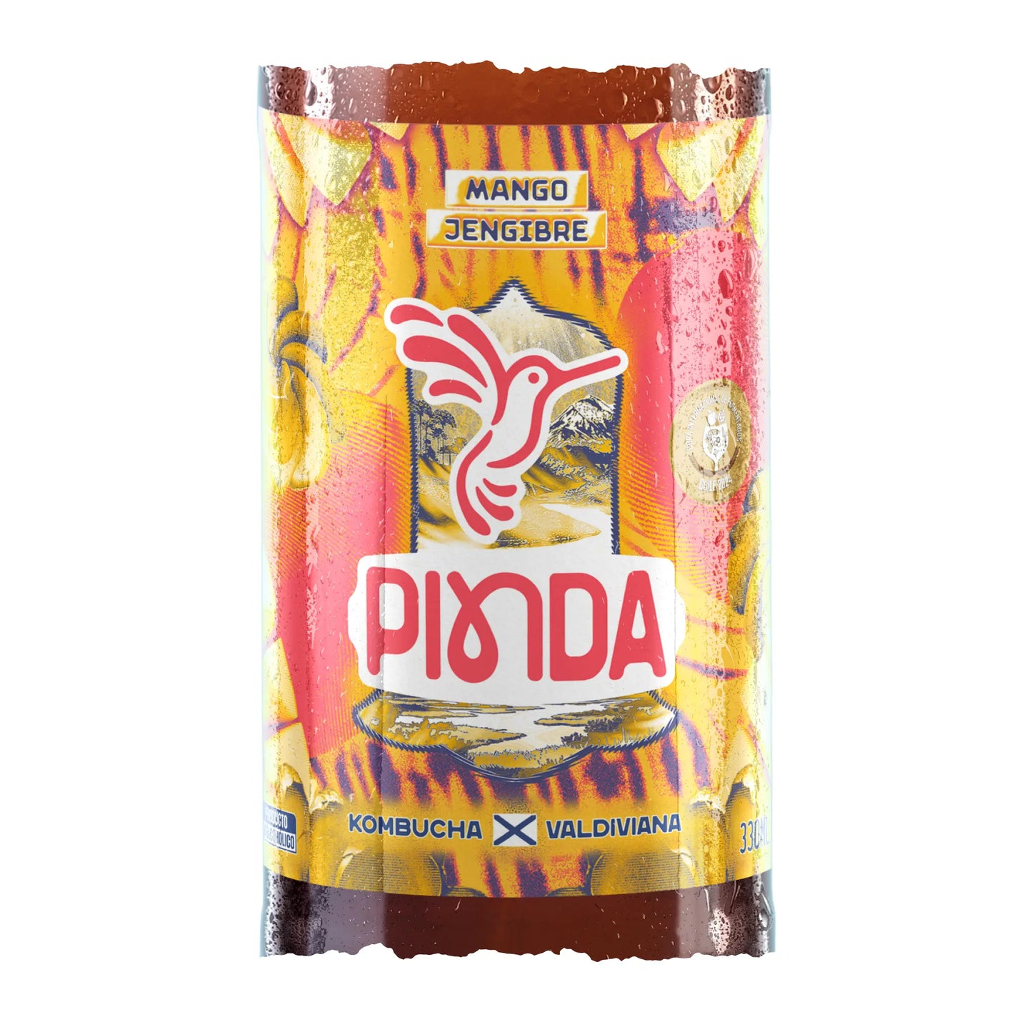 Etiqueta de Pinda Mango Jengibre, destacando la fusión tropical entre el dulzor del mango y el picante del jengibre, kombucha fermentada artesanalmente con ingredientes naturales