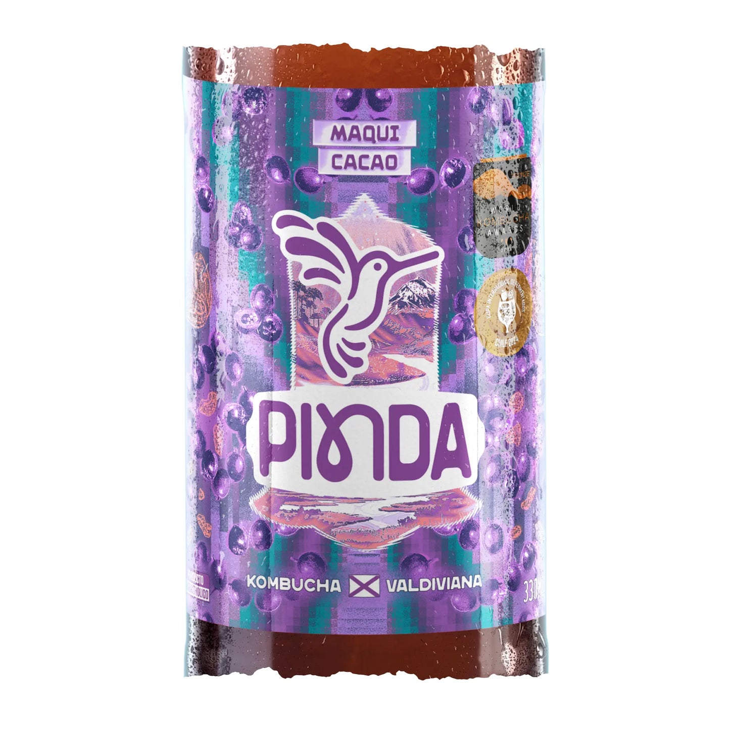 Etiqueta de Pinda Maqui Cacao, kombucha premiada que fusiona el sabor intenso del maqui con el chocolate del cacao, bebida artesanal rica en antioxidantes