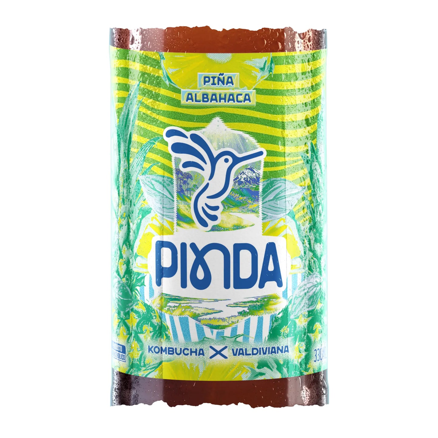 Etiqueta de Pinda Piña Albahaca, kombucha con ingredientes naturales como piña y albahaca, perfil refrescante, balanceado y con un toque gourmet