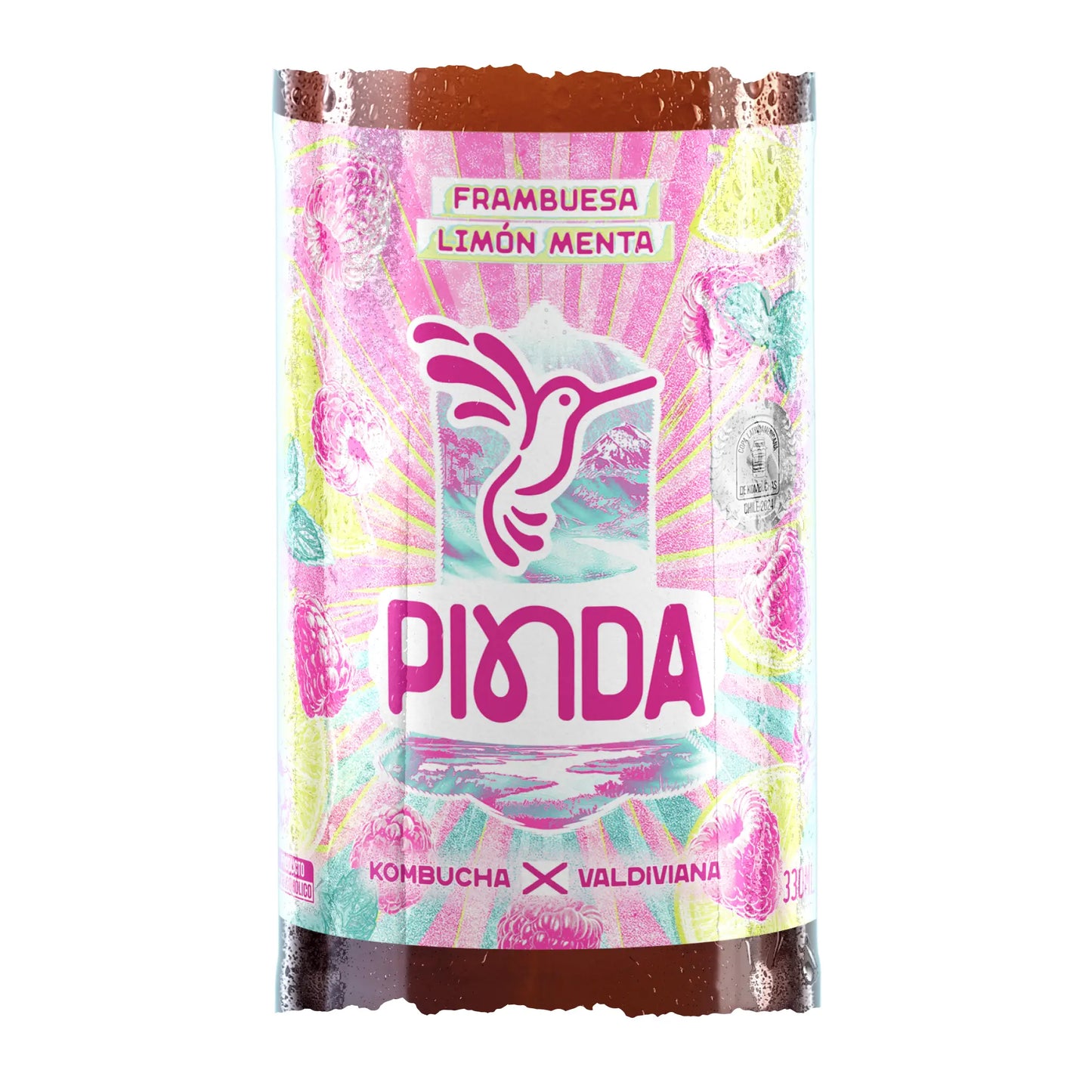 Etiqueta de Pinda Frambuesa Limón Menta, kombucha elaborada con ingredientes reales como frambuesa, limón y menta, bebida sin alcohol con perfil aromático ideal para el verano