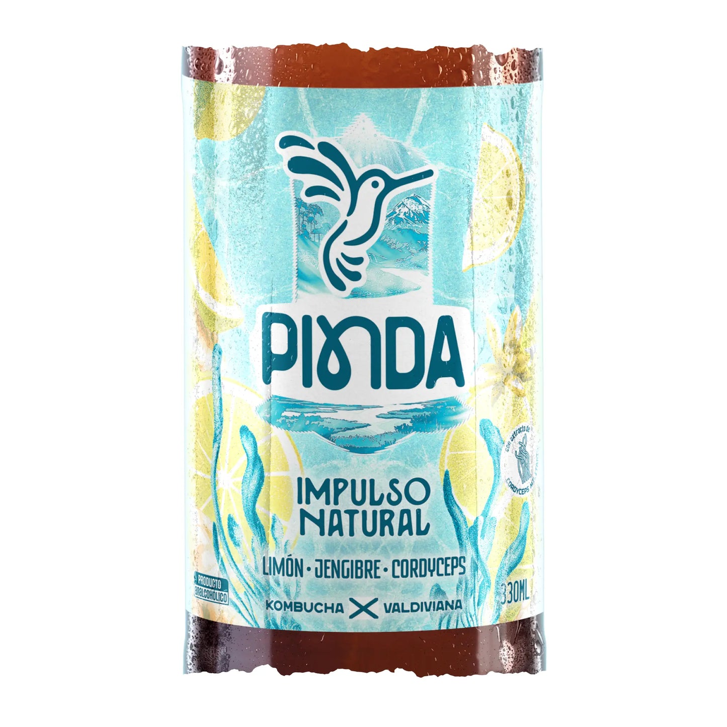 Etiqueta de Pinda Impulso Natural destacando sus ingredientes funcionales como Cordyceps, jengibre y limón, bebida baja en azúcar y con beneficios energizantes naturales