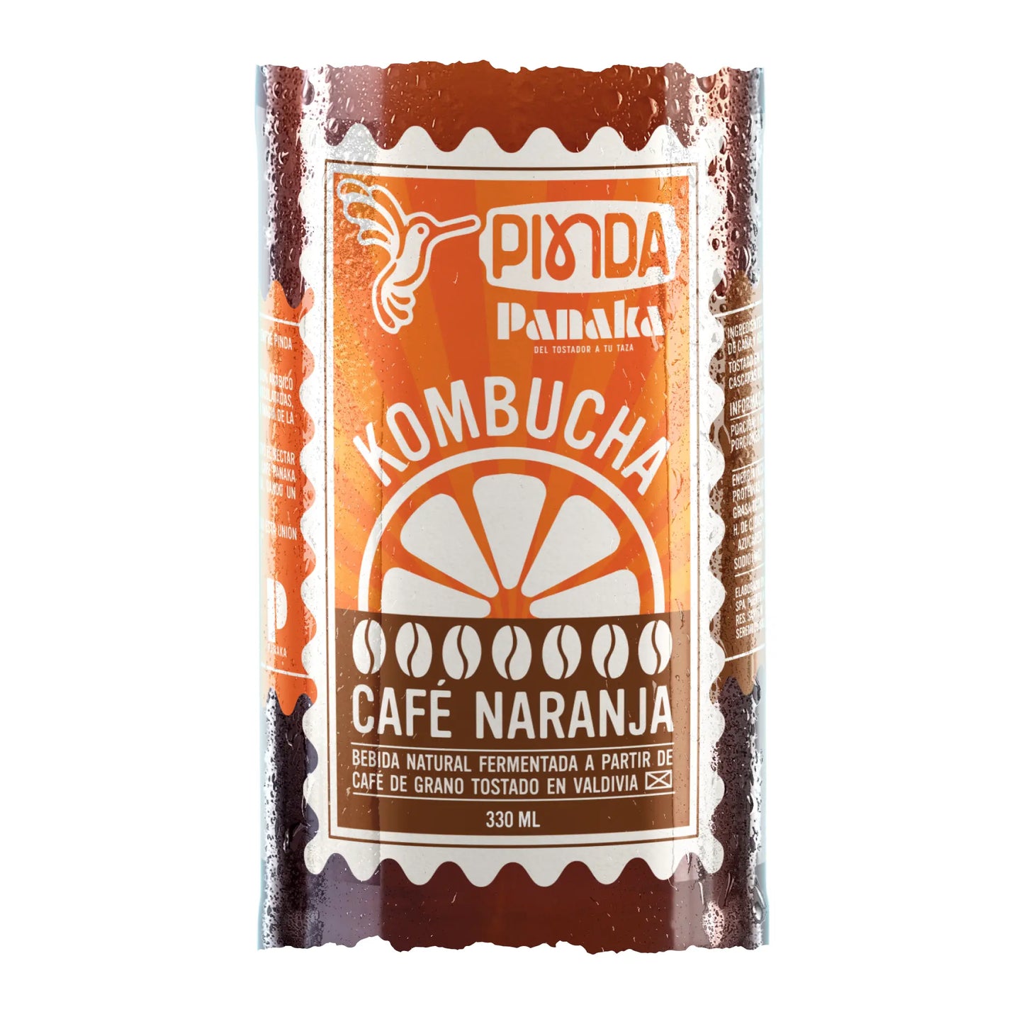 Etiqueta de Pinda Café Naranja, kombucha con perfil audaz de café y naranja, combinación estimulante, baja en azúcar, elaborada artesanalmente en Valdivia con un toque gourmet