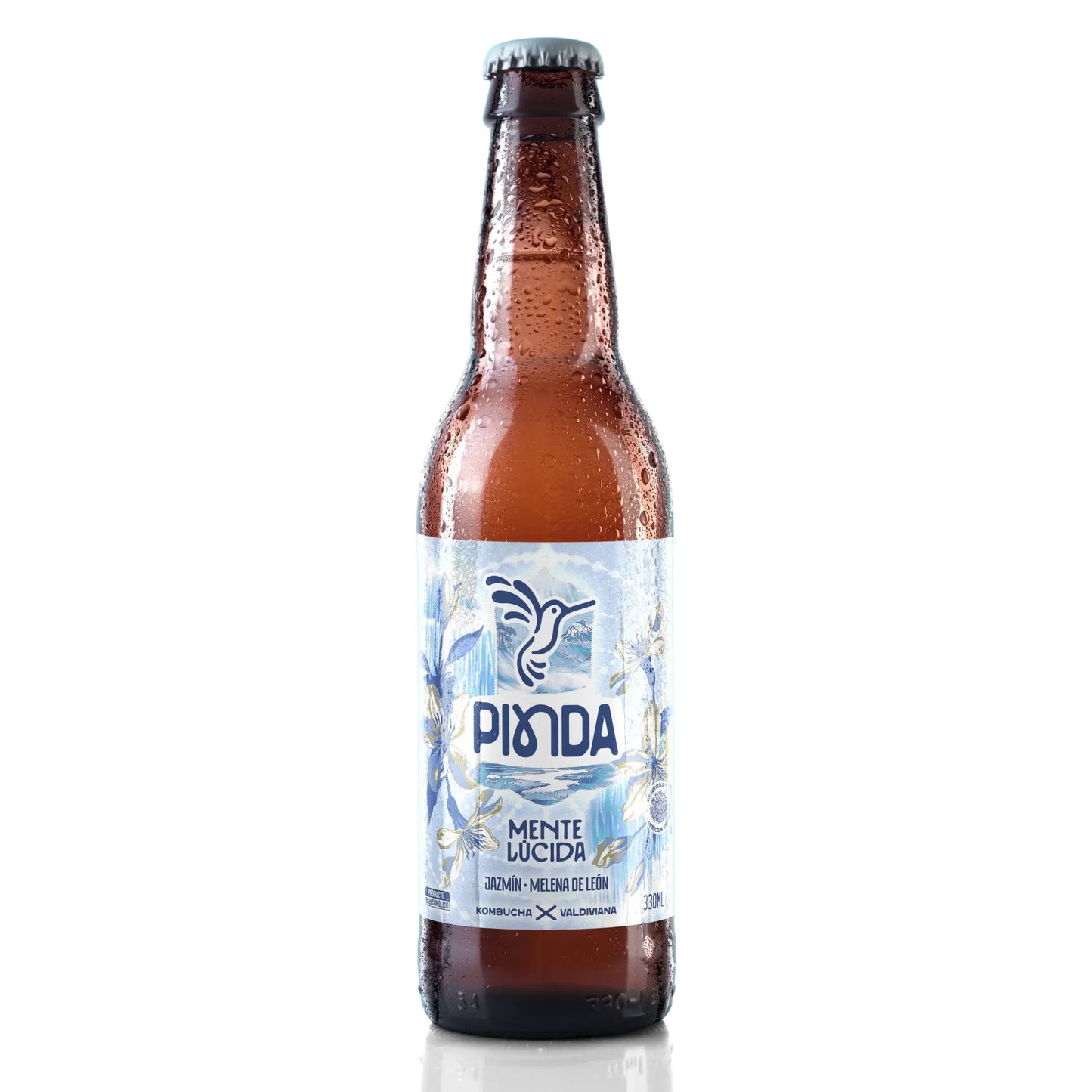 Botella de kombucha Pinda Mente Lúcida sabor jazmín y Melena de León, bebida artesanal enfocada en claridad mental y enfoque cognitivo, elaborada en Valdivia.