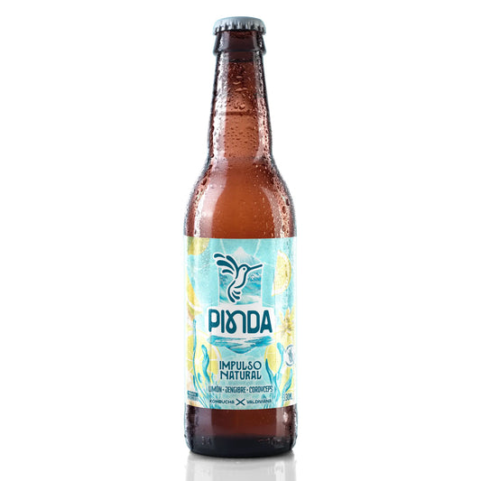 Botella de kombucha Pinda Impulso Natural sabor limón, jengibre y Cordyceps, ideal para energía natural y vitalidad, bebida fermentada artesanalmente para deportistas y personas activas